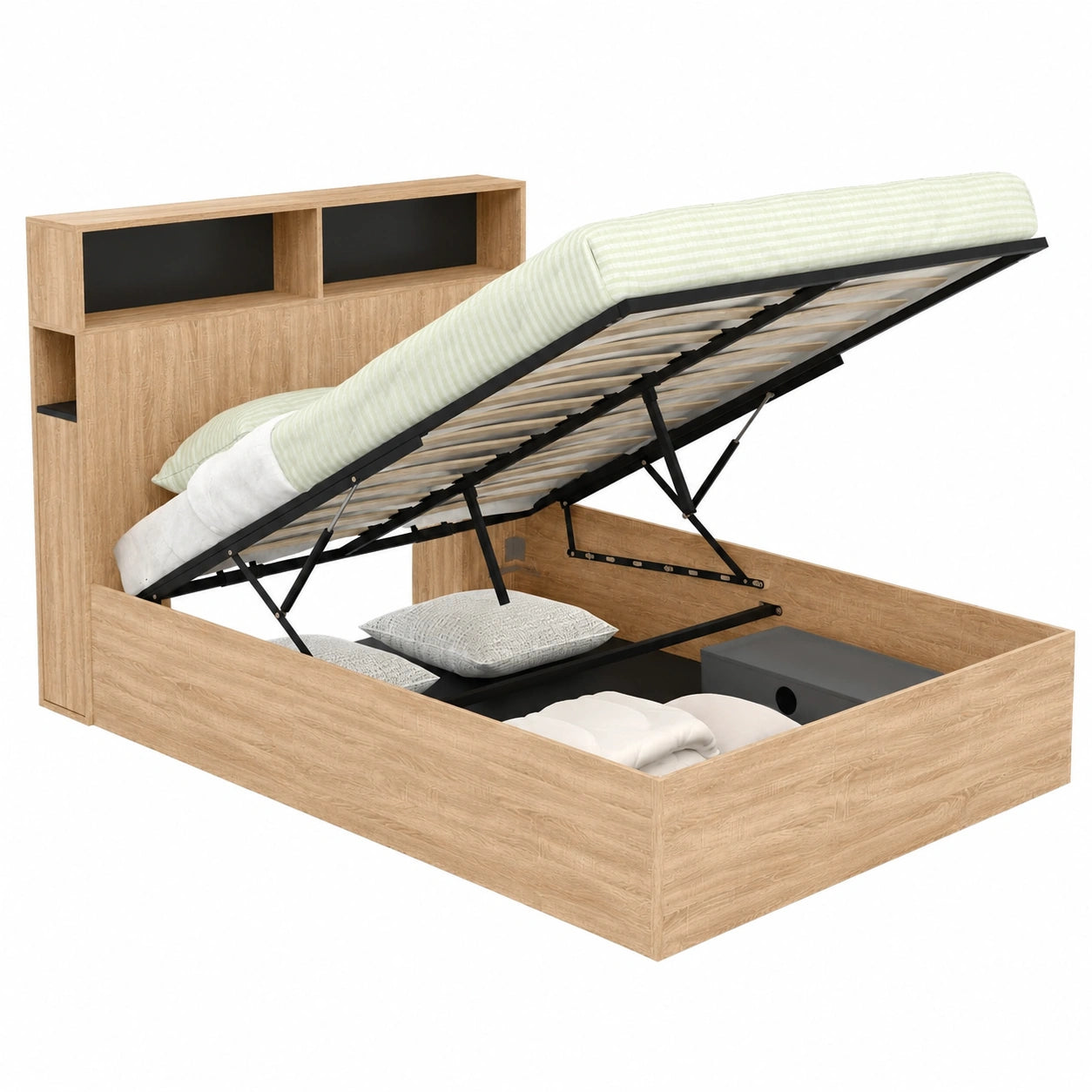 Lit coffre, avec rangement, avec sommier, 140 x 190 cm, coloris noir, pour la chambre