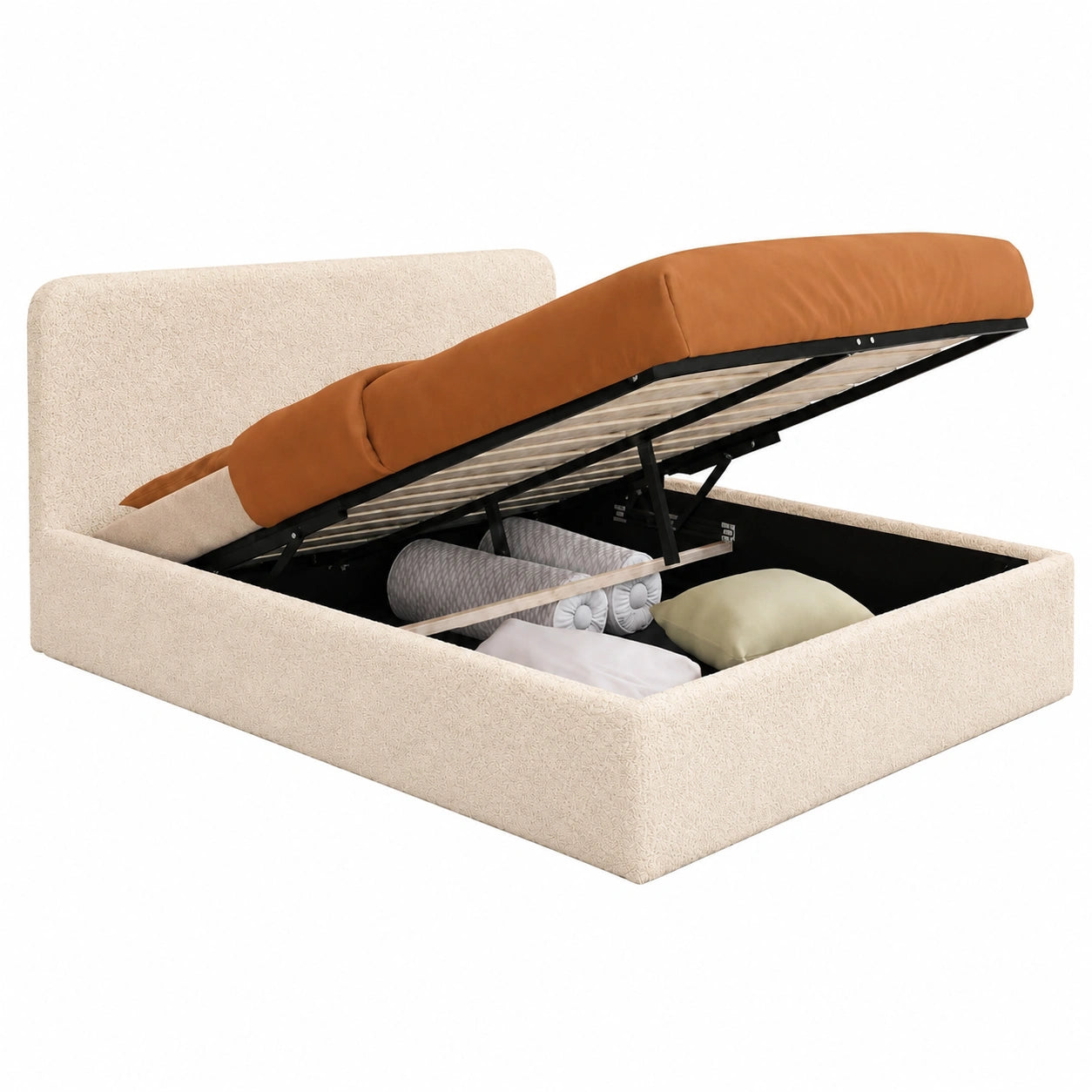 Lit coffre, avec sommier, en tissu bouclette, 140 x 190 cm, pour la chambre