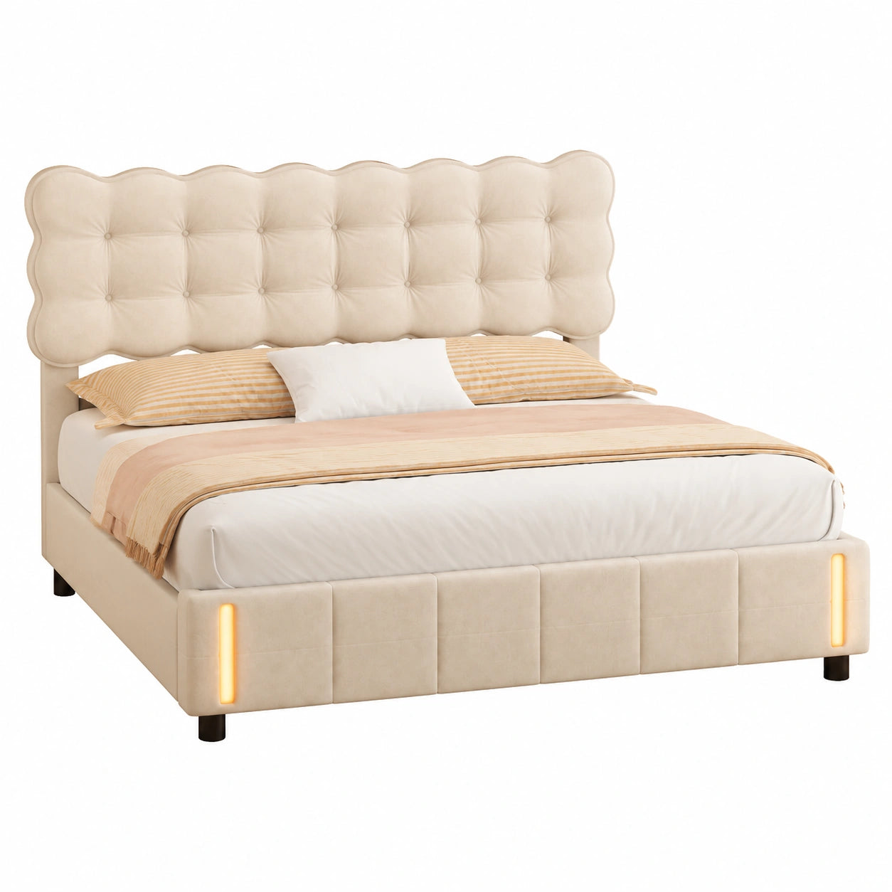 Lit coffre, avec sommier, en métal et velours, coloris beige, 160 x 200 cm, pour la chambre