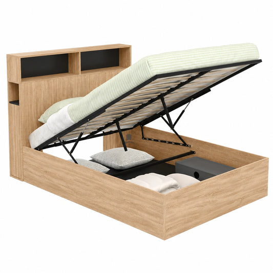 Lit coffre, avec rangement, avec sommier, 140 x 190 cm, coloris noir, pour la chambre