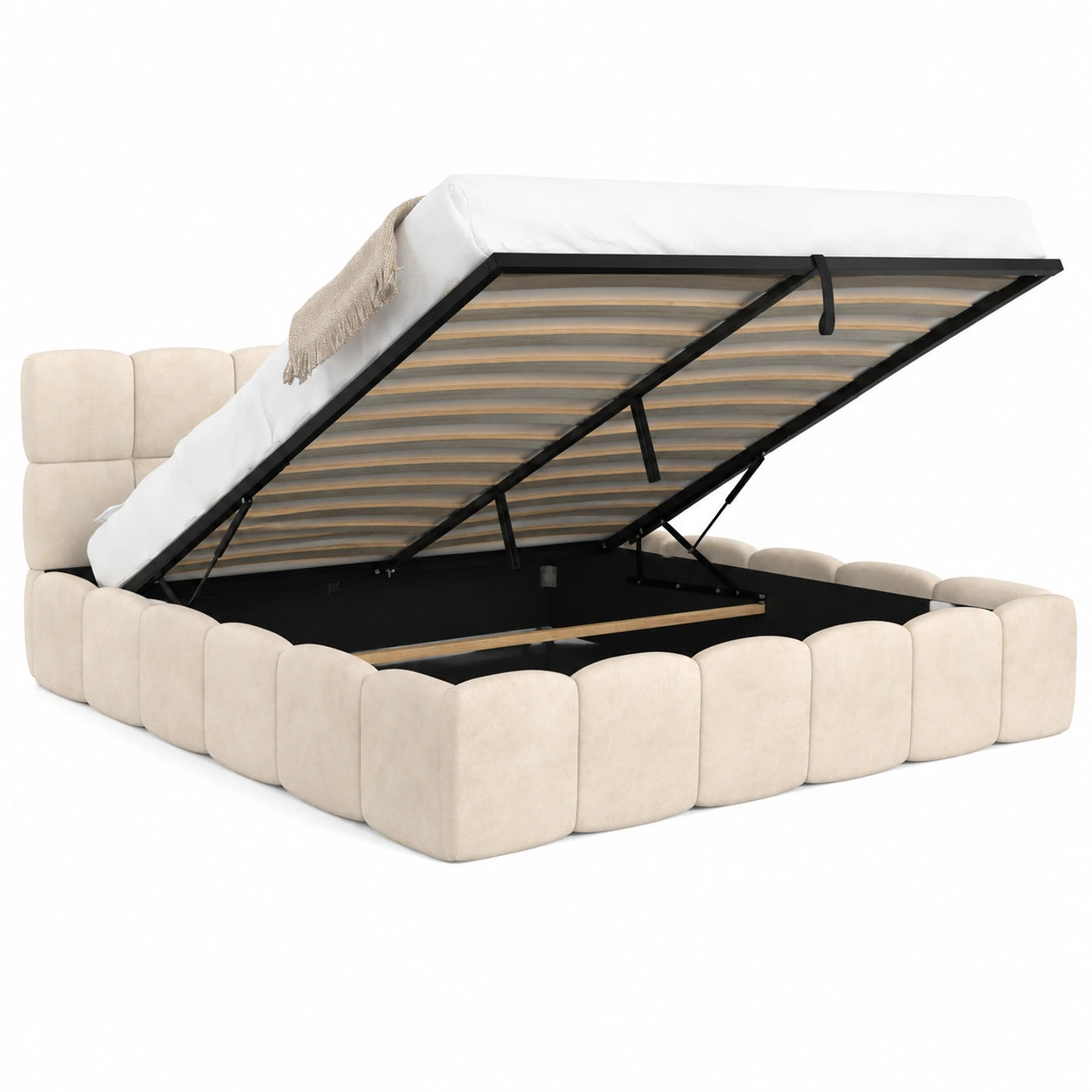 Lit coffre, avec sommier, en velours, 180 x 200 cm, coloris beige, pour la chambre
