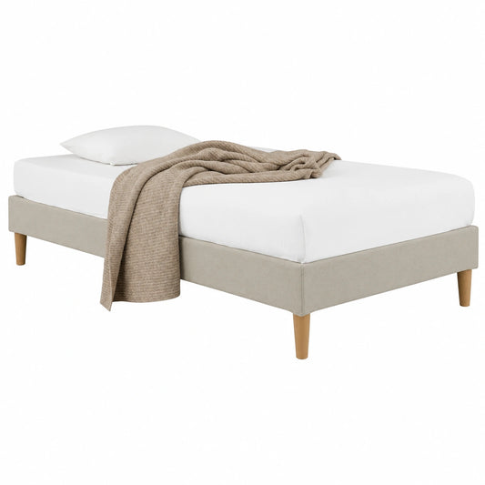 Lit, en tissu, avec sommier, coloris beige, 1 place, 90 x 190 cm, pour la chambre