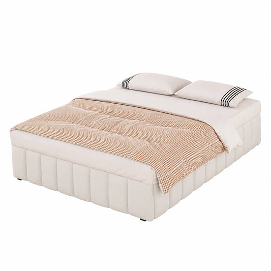 Lit, 140 x 200 cm, avec rangement, avec sommier, coloris beige, pour la chambre
