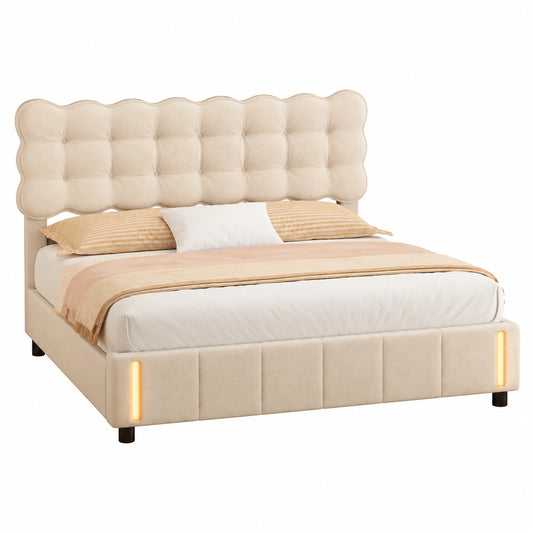Lit coffre, avec sommier, en métal et velours, coloris beige, 160 x 200 cm, pour la chambre